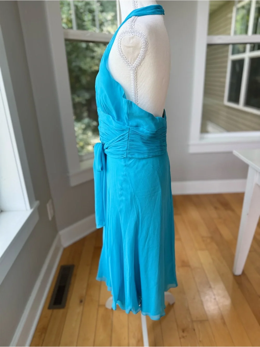 Maggy London Turquoise Silk Halter V-Neck Midi Dress Sz 14
